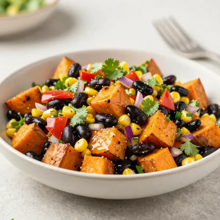 A bowl of roasted sweet potato black bean salad with greens, corn, avocado, and a light dressing