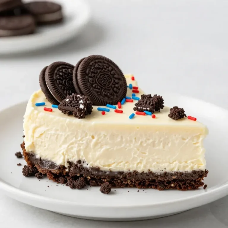 No bake Fireworks Oreo cheesecake bars topped with whipped cream and colorful candy pieces on a white serving plate