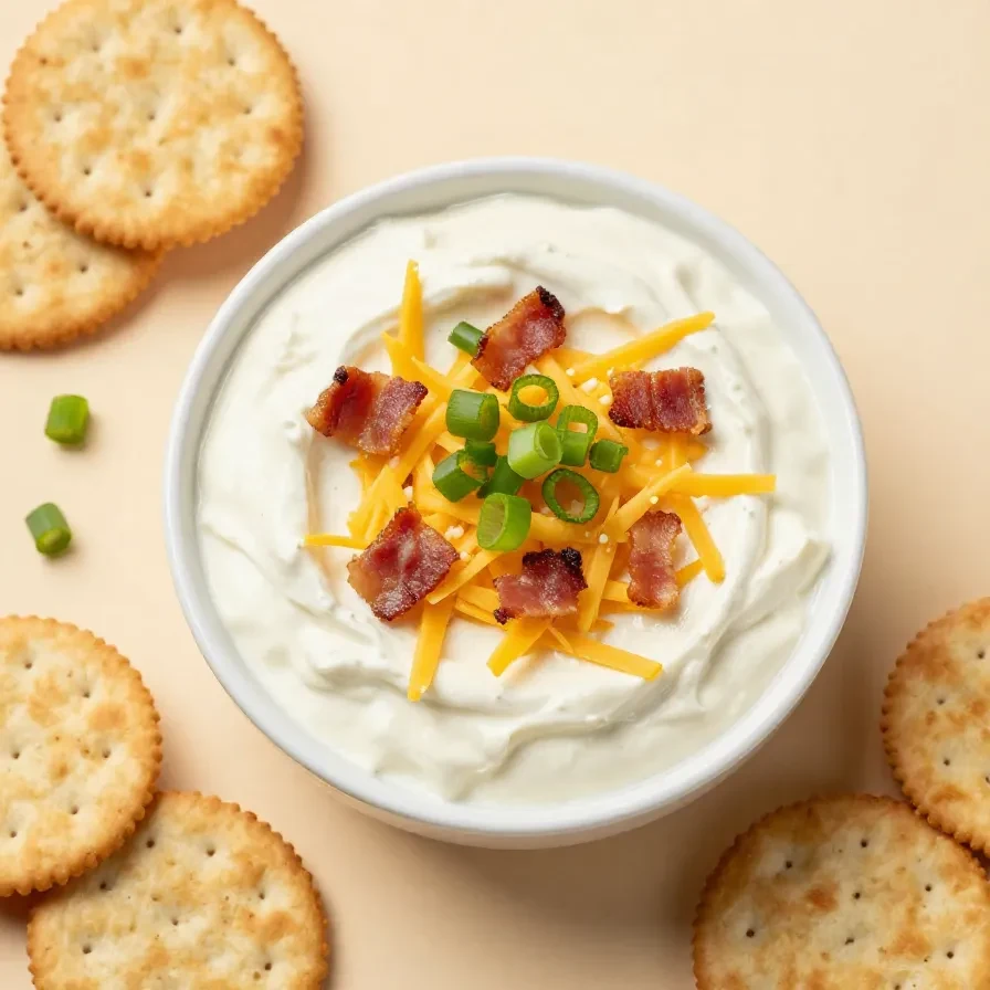 A creamy million dollar crack dip topped with shredded cheese, bacon crumbles, and chopped green onions served in a white bowl with crackers on the side