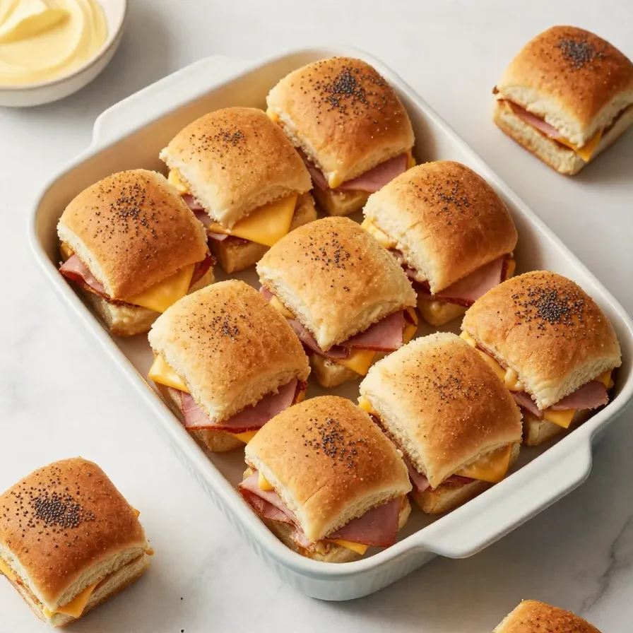 Baked ham and cheese sliders stacked in a pan with melted cheese and buttery tops