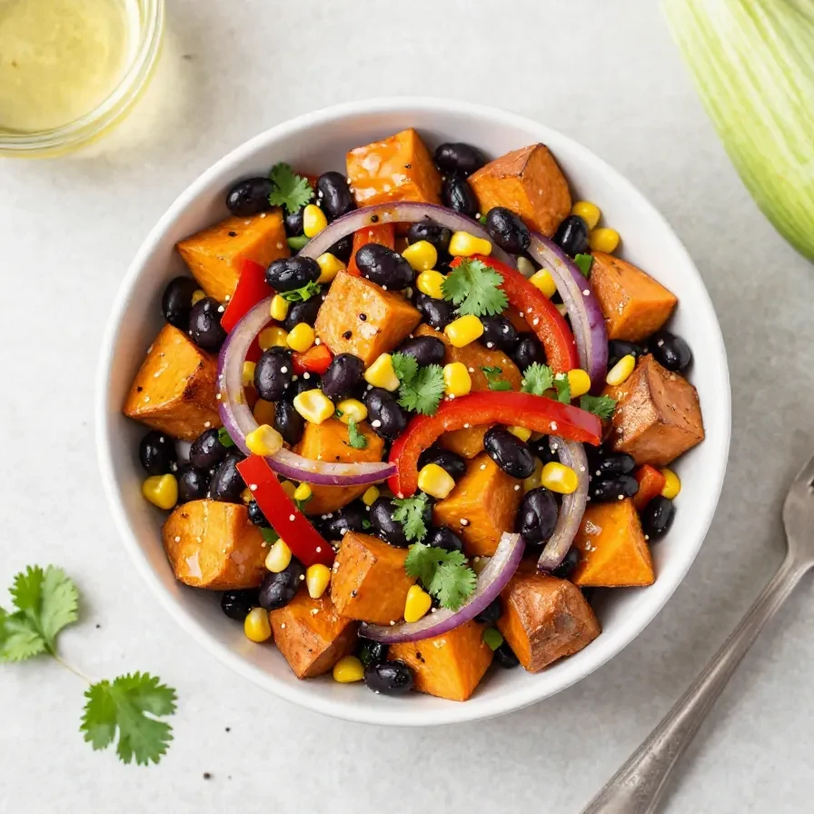 A bowl of roasted sweet potato black bean salad with greens, corn, avocado, and a light dressing