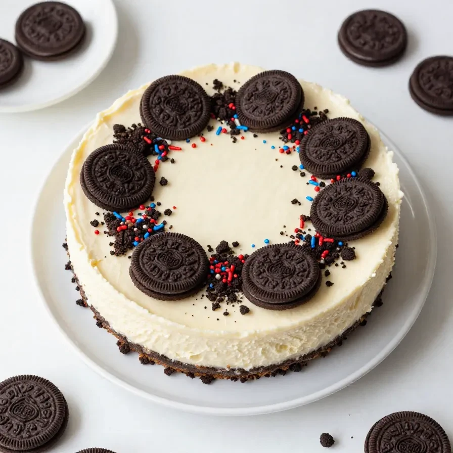 No bake Fireworks Oreo cheesecake bars topped with whipped cream and colorful candy pieces on a white serving plate
