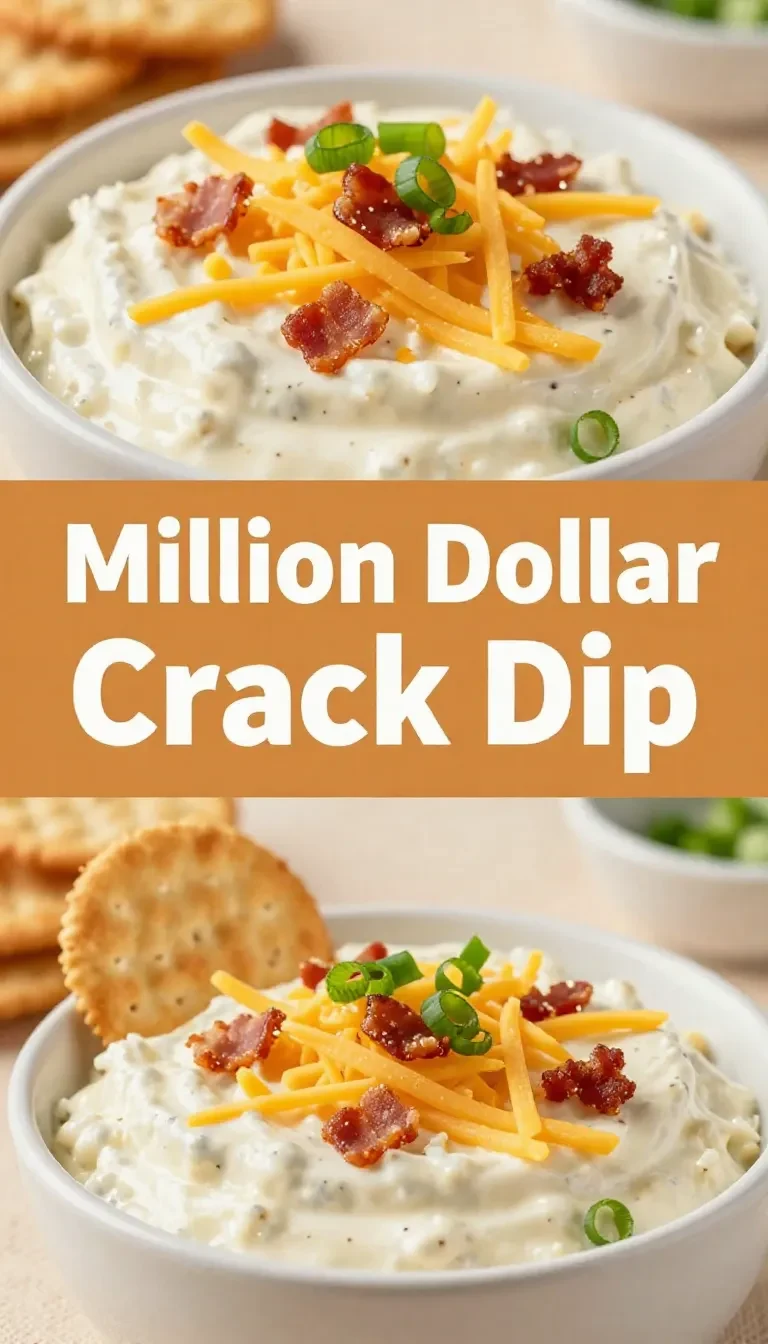 A creamy million dollar crack dip topped with shredded cheese, bacon crumbles, and chopped green onions served in a white bowl with crackers on the side
