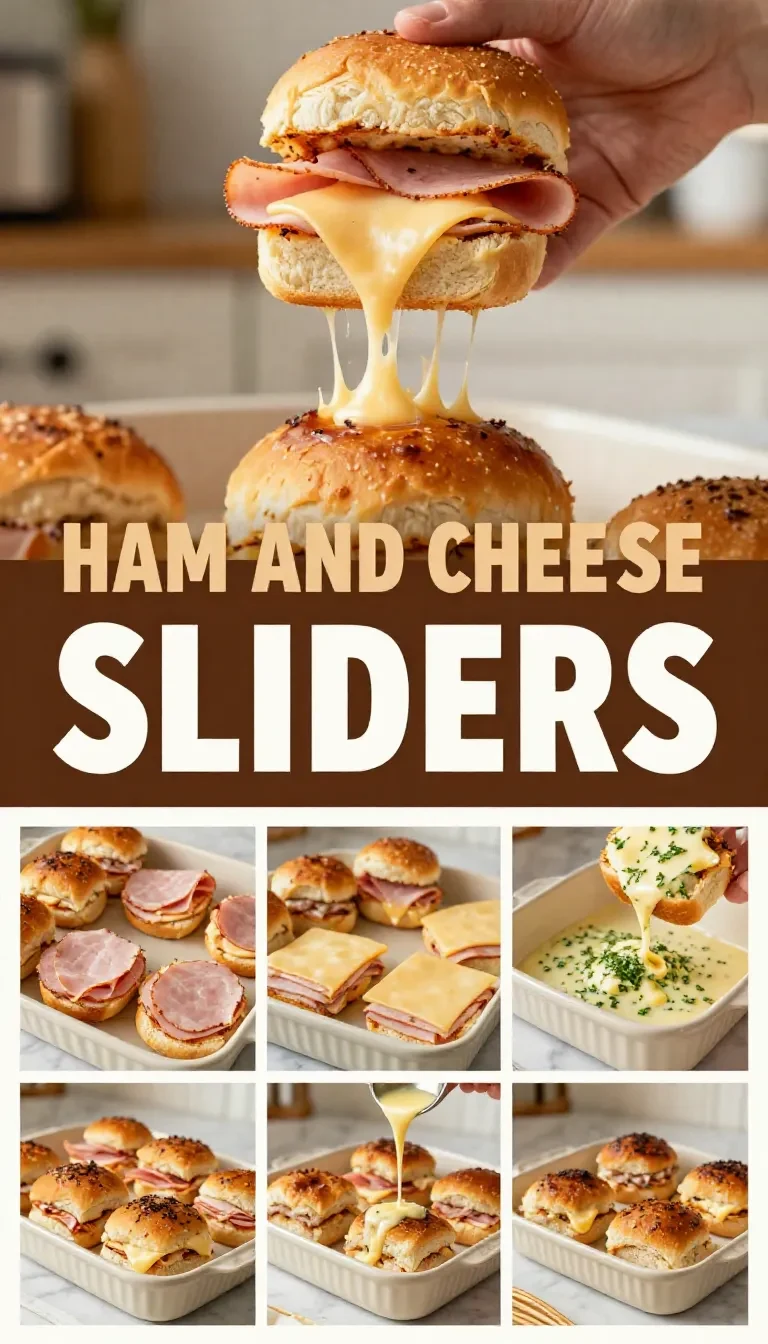Baked ham and cheese sliders stacked in a pan with melted cheese and buttery tops