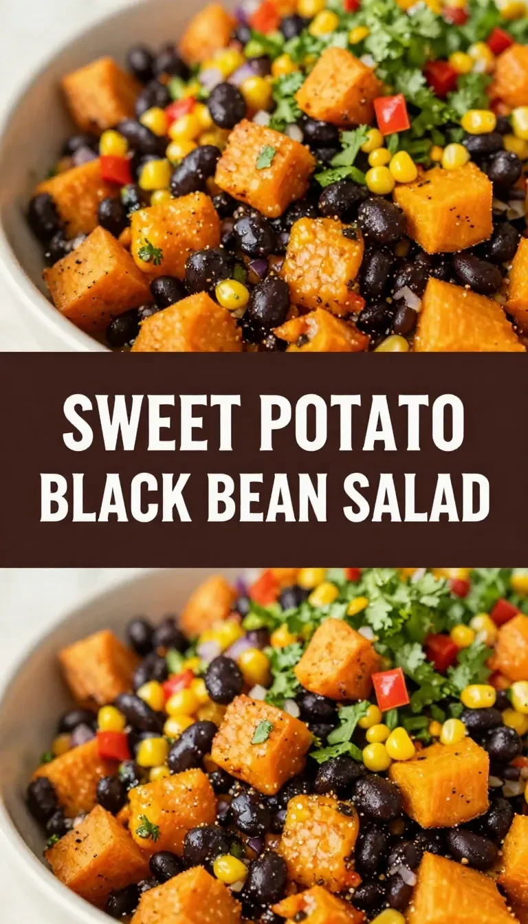 A bowl of roasted sweet potato black bean salad with greens, corn, avocado, and a light dressing