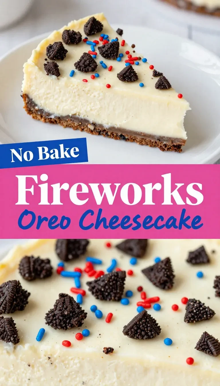 No bake Fireworks Oreo cheesecake bars topped with whipped cream and colorful candy pieces on a white serving plate