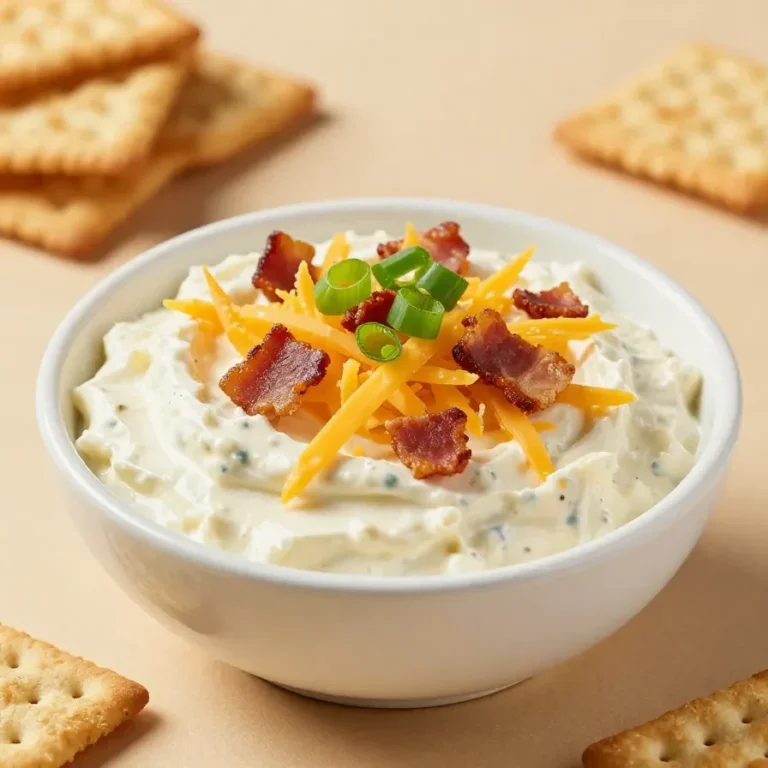 A creamy crack dip served in a bowl with crackers and sliced vegetables on a serving platter.