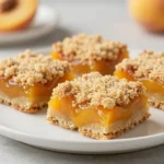 Homemade peach crumb bars with a buttery golden topping and peach filling, cut into neat squares on a plate.