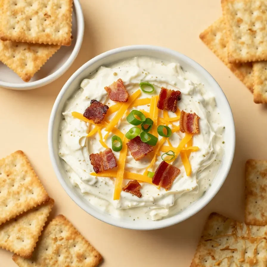 A creamy crack dip served in a bowl with crackers and sliced vegetables on a serving platter.