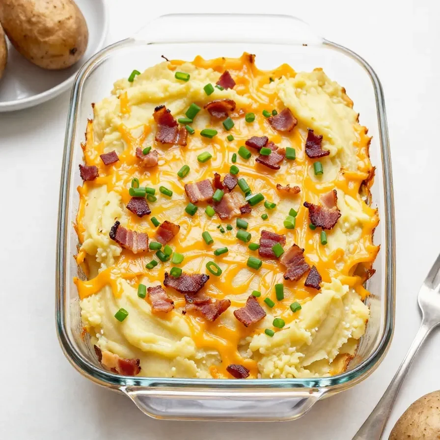 A creamy loaded baked potato casserole topped with melted cheese, crispy bacon, sour cream, and chopped green onions in a baking dish.