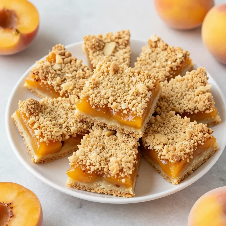 Homemade peach crumb bars with a buttery golden topping and peach filling, cut into neat squares on a plate.