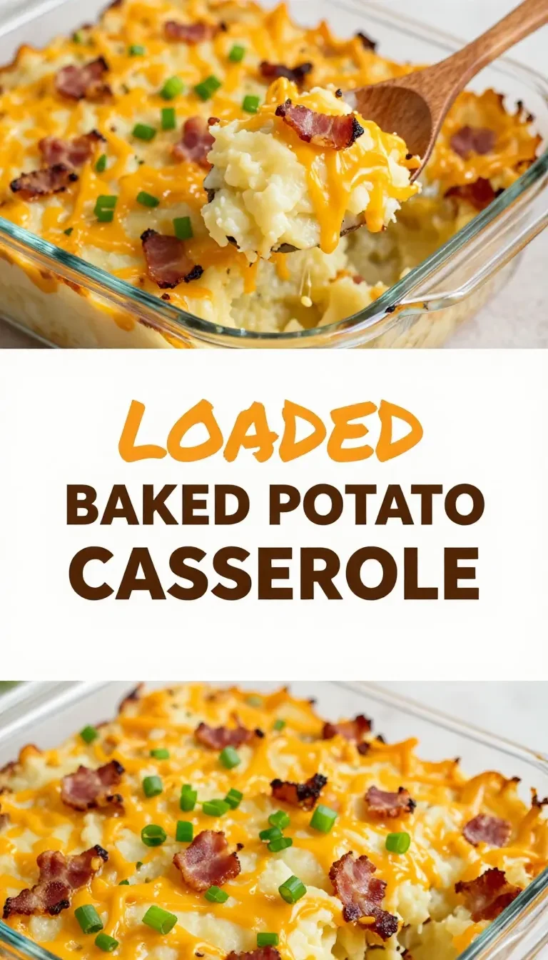 A creamy loaded baked potato casserole topped with melted cheese, crispy bacon, sour cream, and chopped green onions in a baking dish.
