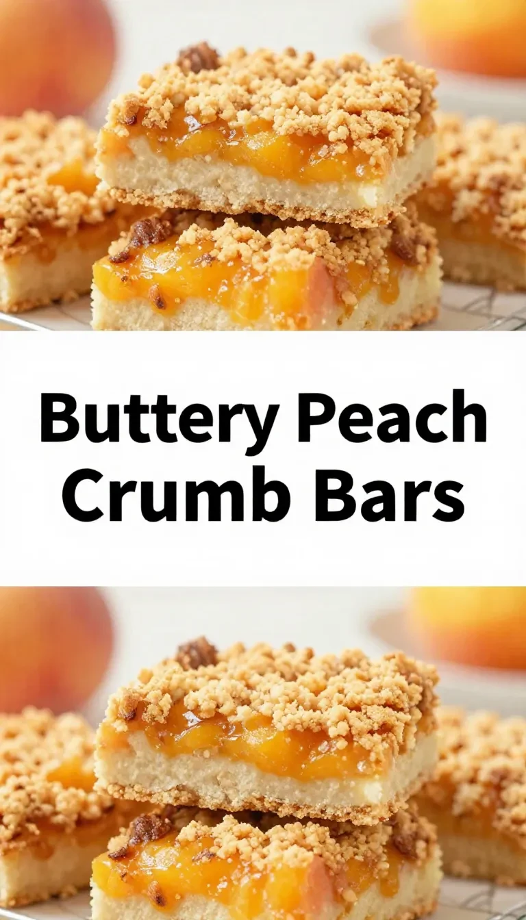 Homemade peach crumb bars with a buttery golden topping and peach filling, cut into neat squares on a plate.