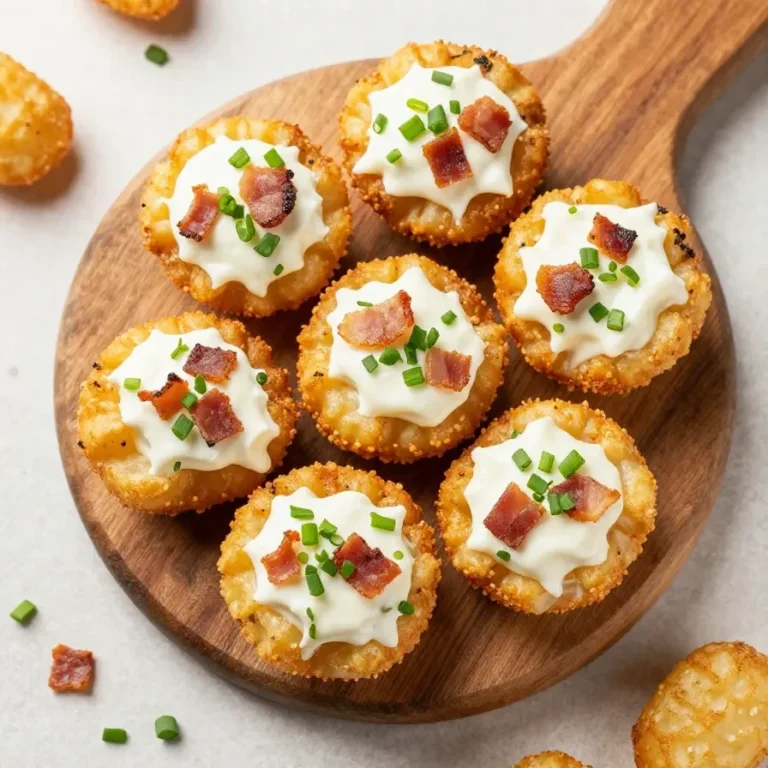 Loaded Tater Tot Appetizers Recipe Loaded tater tot appetizers topped with melted cheese, crispy bacon, green onions, and sour cream on a serving platter