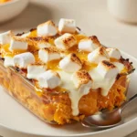 A baked sweet potato casserole topped with golden toasted marshmallows in a white casserole dish