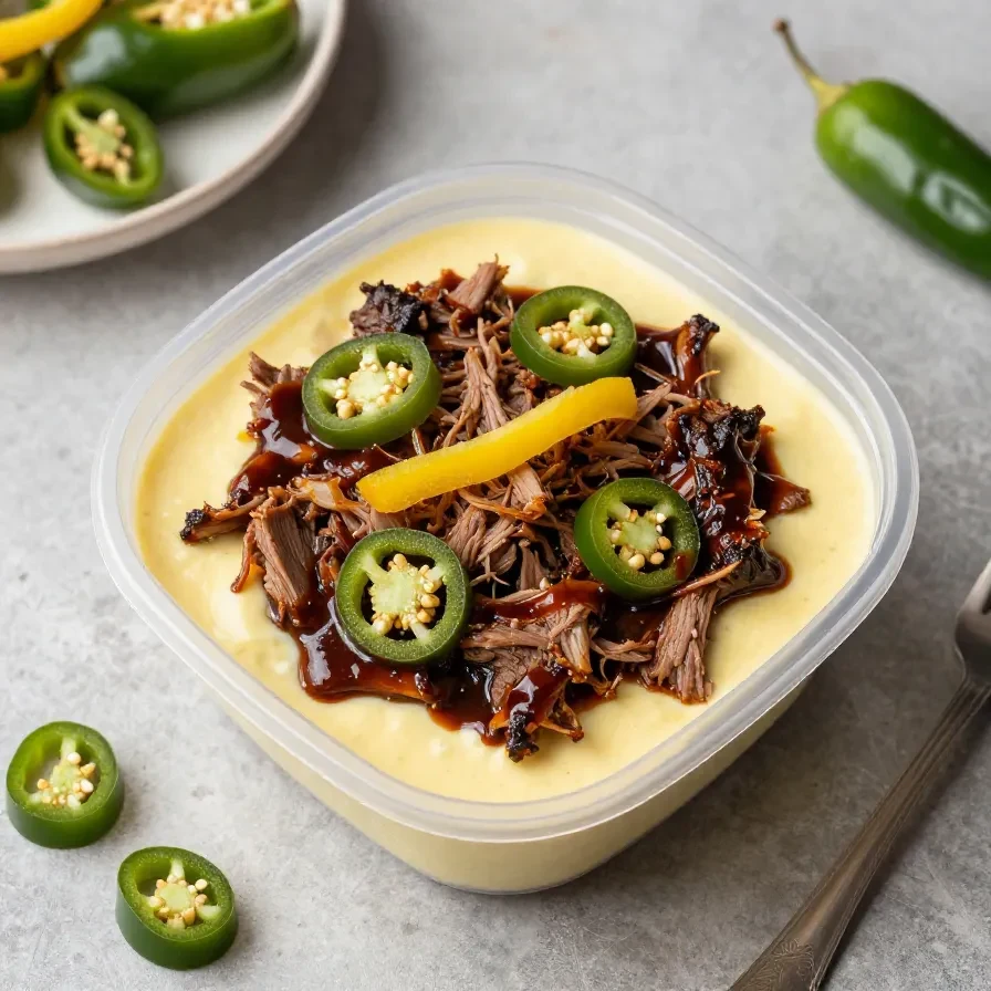 A bowl of BBQ Shack brisket mac and cheese topped with tender smoked brisket and melted cheddar