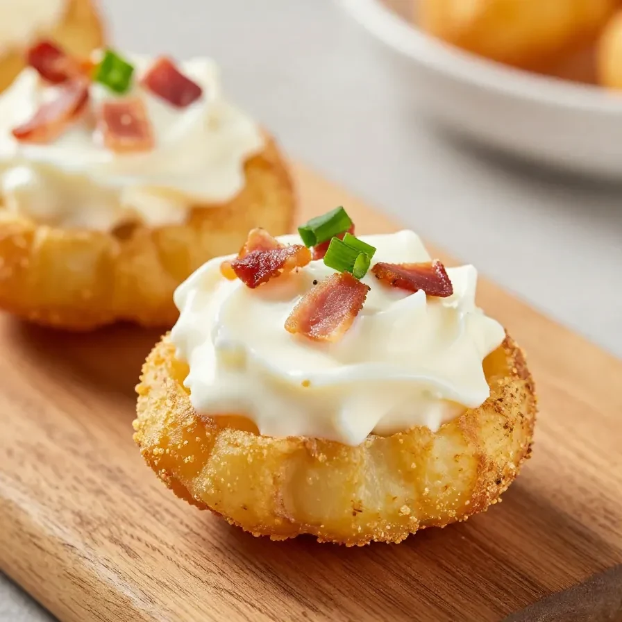 Loaded tater tot appetizers topped with melted cheese, crispy bacon, green onions, and sour cream on a serving platter