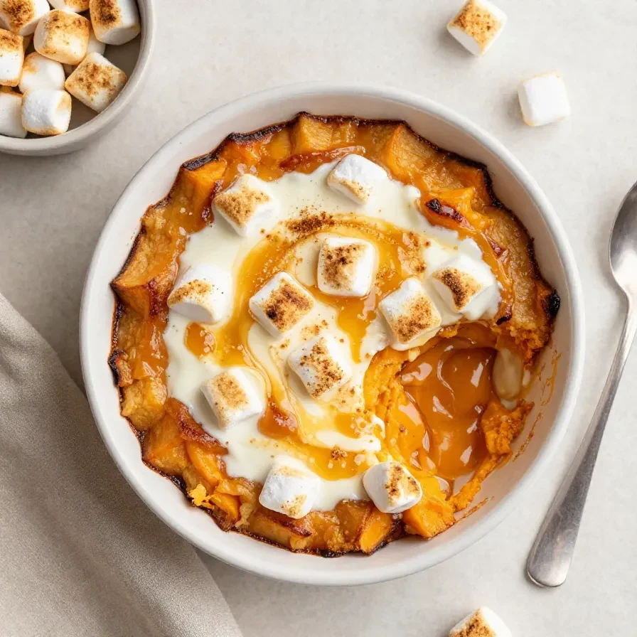 A baked sweet potato casserole topped with golden toasted marshmallows in a white casserole dish