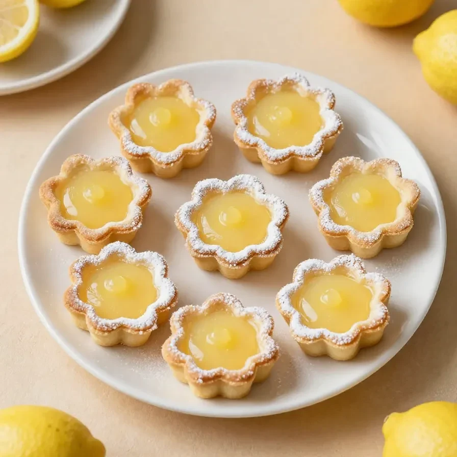 Delicate flower tarts topped with colorful edible petals and fresh fruit on a white serving plate.