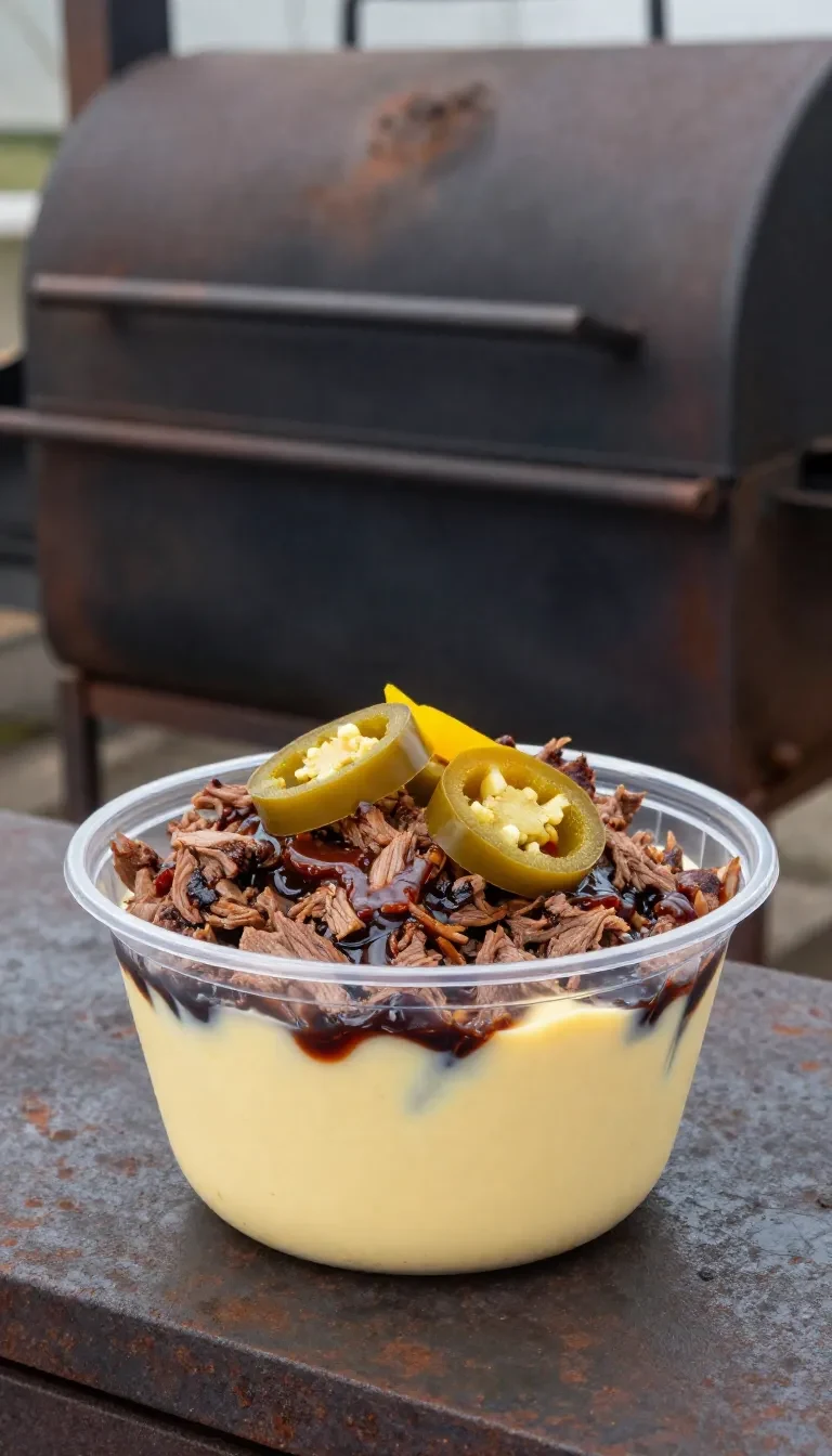 A bowl of BBQ Shack brisket mac and cheese topped with tender smoked brisket and melted cheddar