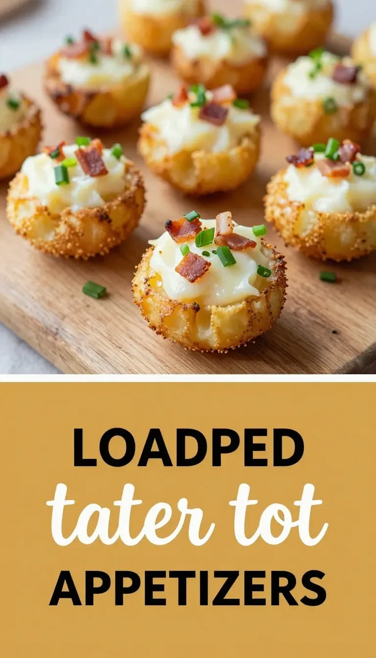 Loaded tater tot appetizers topped with melted cheese, crispy bacon, green onions, and sour cream on a serving platter