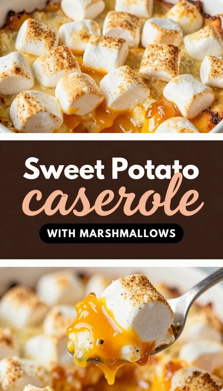 A baked sweet potato casserole topped with golden toasted marshmallows in a white casserole dish