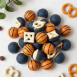 A stack of homemade basketball-themed cookies decorated with orange icing and black net designs on a white plate