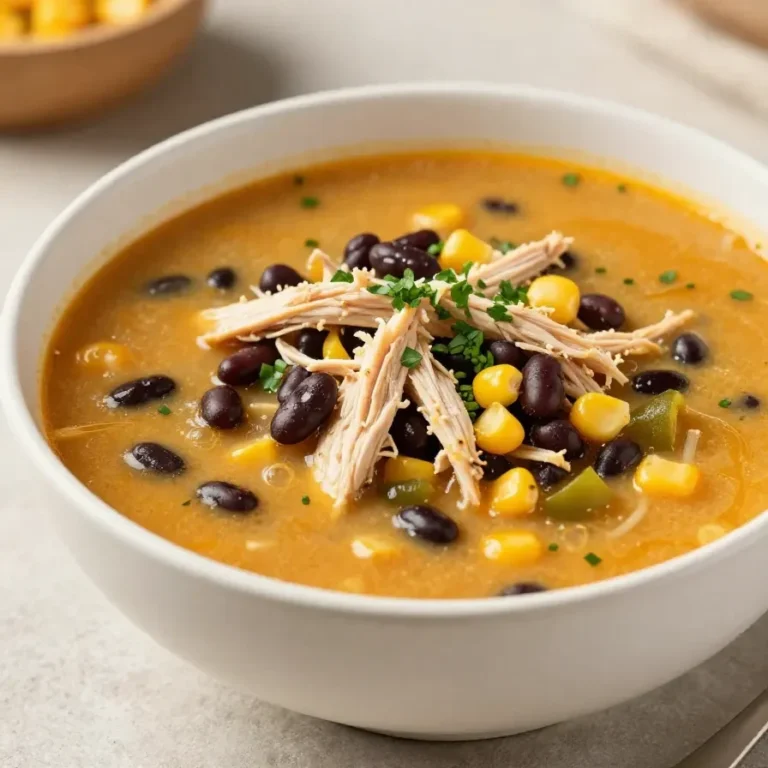 A bowl of chicken enchilada soup topped with shredded cheese, chopped cilantro, and tortilla strips.