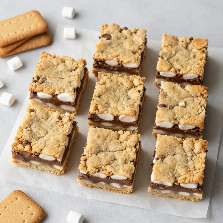 Stacked s'mores cookie bars with gooey marshmallow, melted chocolate, and a graham cracker cookie crust on a white plate.
