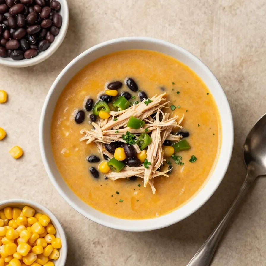 A bowl of chicken enchilada soup topped with shredded cheese, chopped cilantro, and tortilla strips.