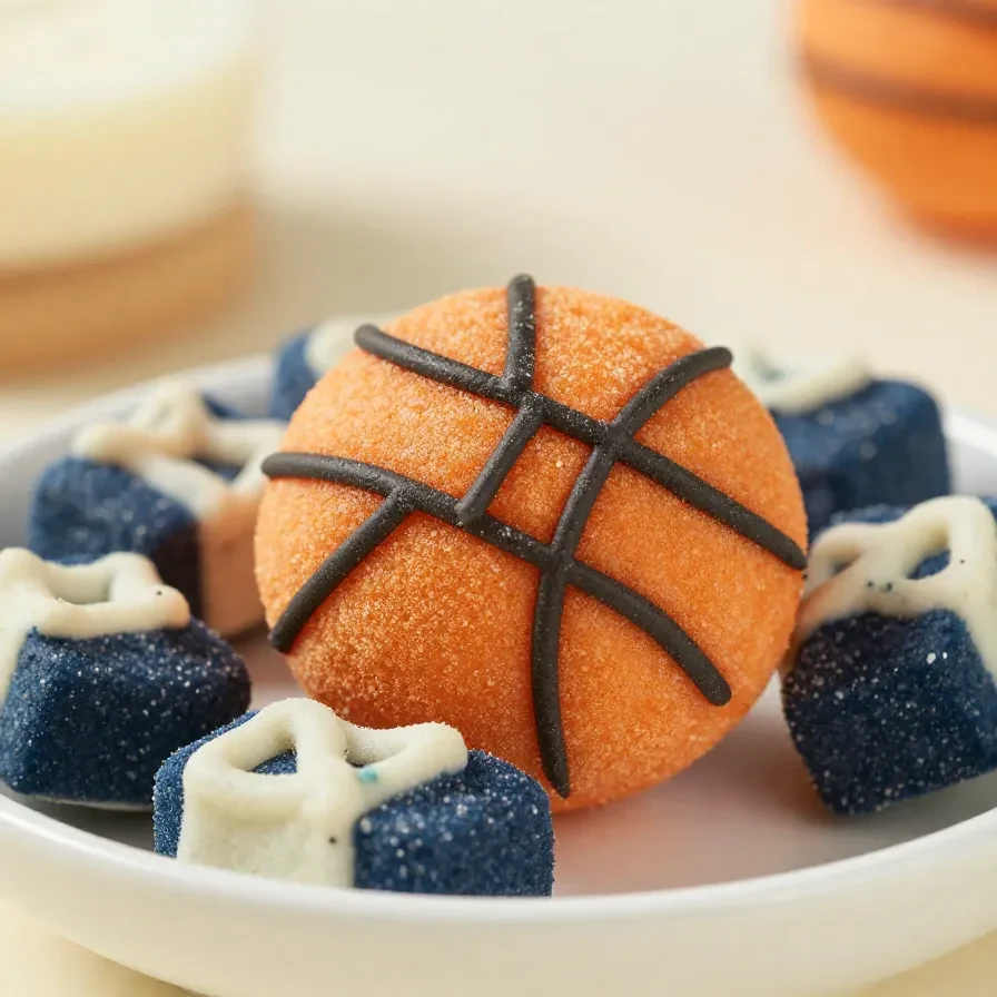 A stack of homemade basketball-themed cookies decorated with orange icing and black net designs on a white plate