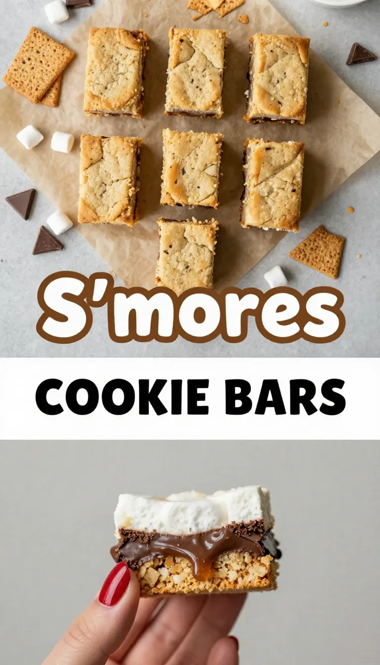 Stacked s'mores cookie bars with gooey marshmallow, melted chocolate, and a graham cracker cookie crust on a white plate.