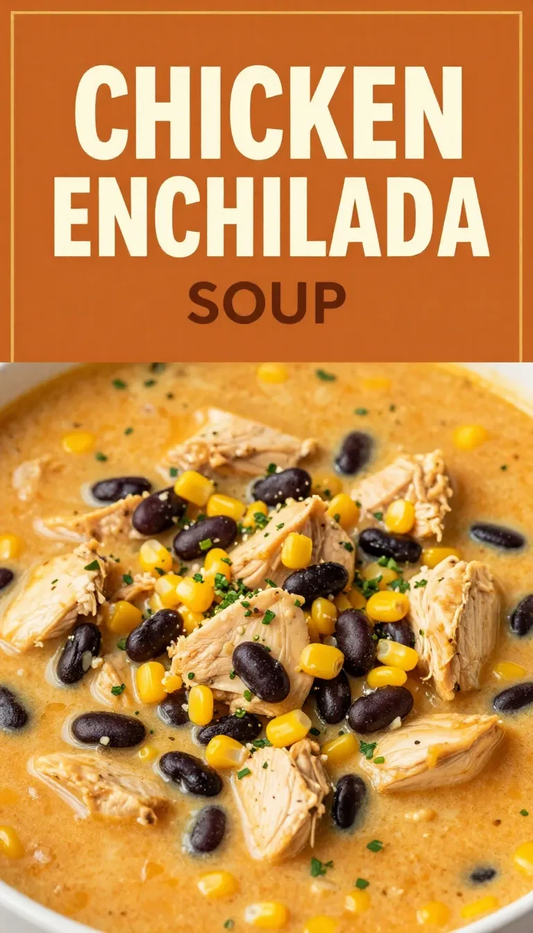 A bowl of chicken enchilada soup topped with shredded cheese, chopped cilantro, and tortilla strips.