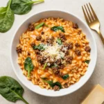 A bowl of ground beef orzo topped with rich tomato cream sauce and herbs