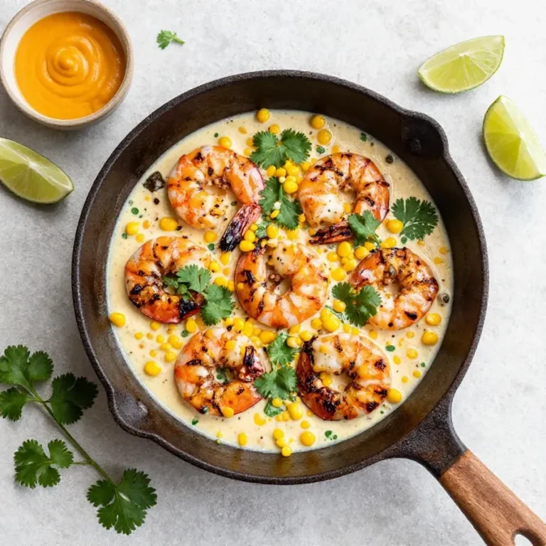 Mexican Street Corn and Shrimp Grilled Mexican street corn topped with shrimp, cotija cheese, chili powder, cilantro, and lime on a serving plate