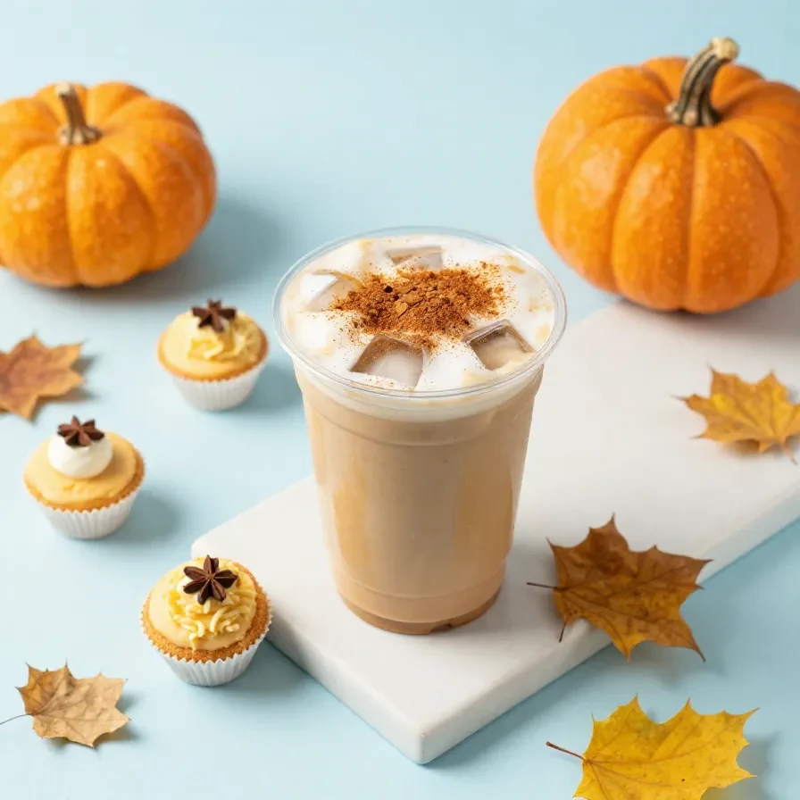 A glass of iced pumpkin cream chai tea latte topped with whipped pumpkin cream and cinnamon over ice