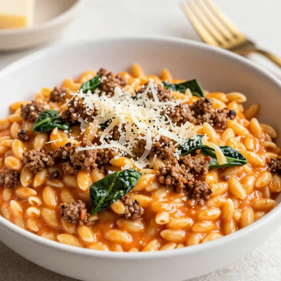 A bowl of ground beef orzo topped with rich tomato cream sauce and herbs