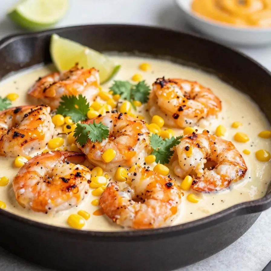 Grilled Mexican street corn topped with shrimp, cotija cheese, chili powder, cilantro, and lime on a serving plate
