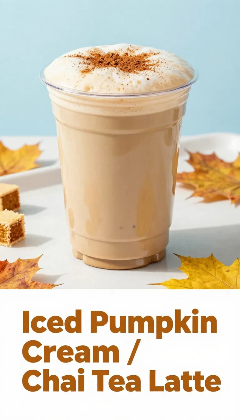 A glass of iced pumpkin cream chai tea latte topped with whipped pumpkin cream and cinnamon over ice
