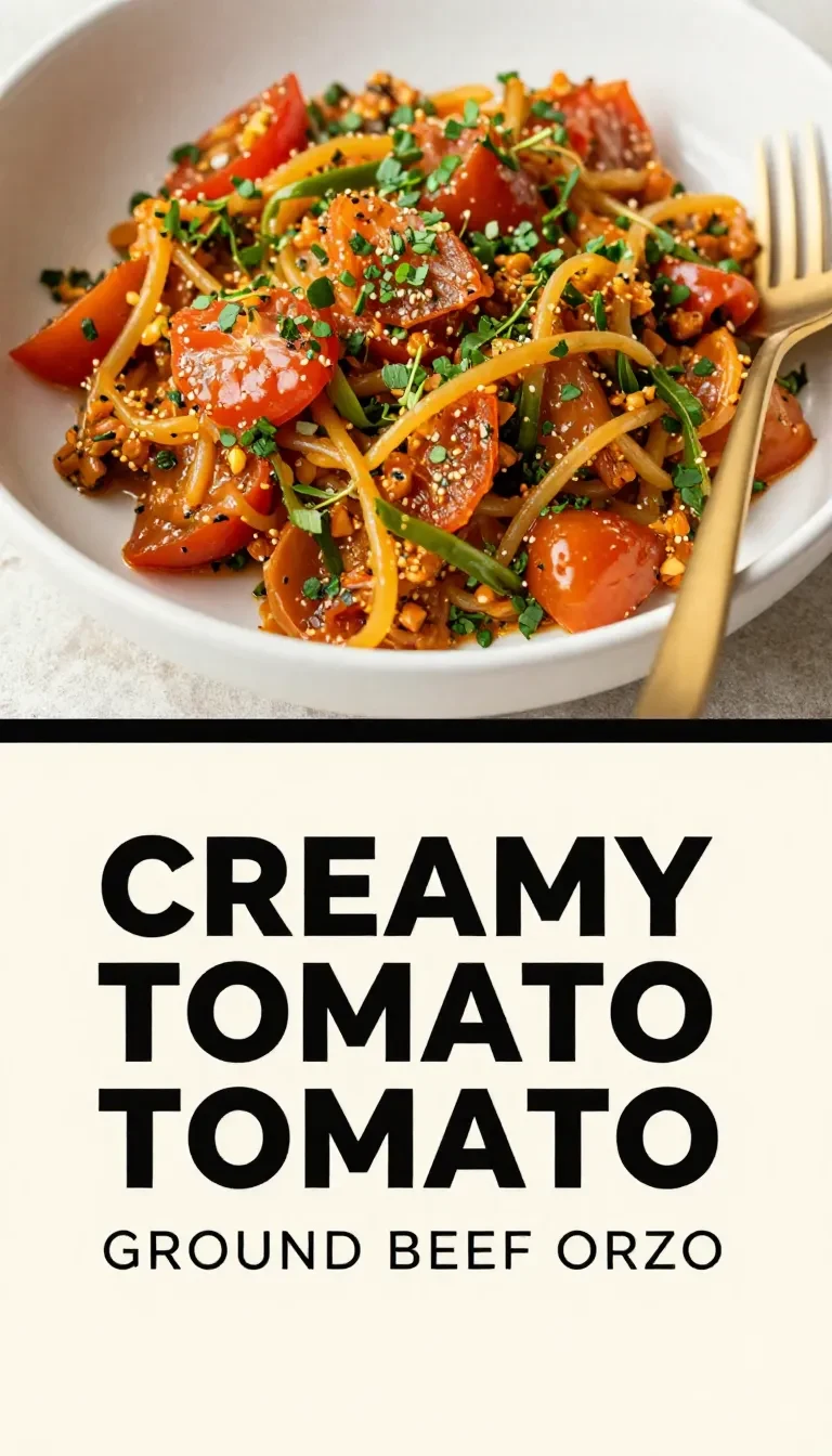 A bowl of ground beef orzo topped with rich tomato cream sauce and herbs