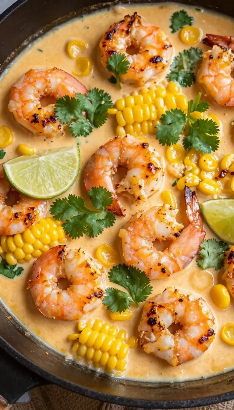 Grilled Mexican street corn topped with shrimp, cotija cheese, chili powder, cilantro, and lime on a serving plate