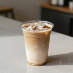 A cold glass of iced coffee with ice cubes and milk on a light wooden table.