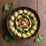 A bowl of creamy spinach and mushroom gnocchi topped with grated Parmesan and fresh herbs