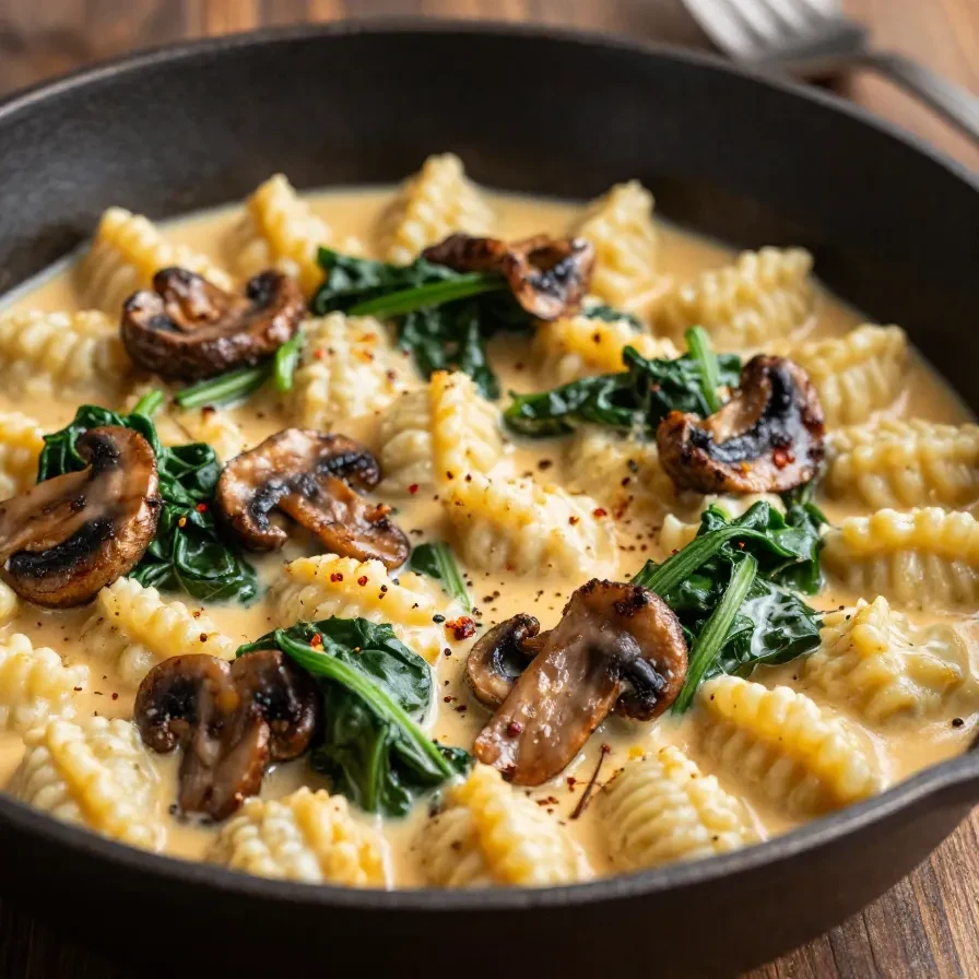 A bowl of creamy spinach and mushroom gnocchi topped with grated Parmesan and fresh herbs