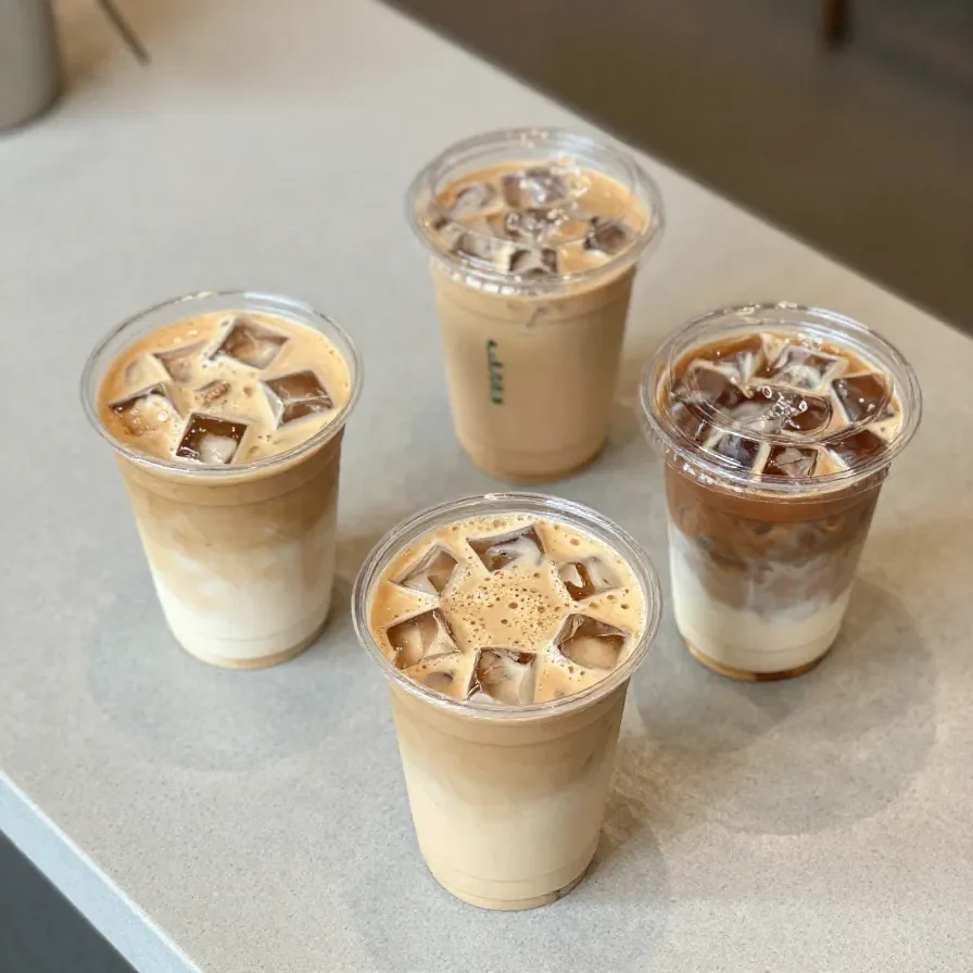 A cold glass of iced coffee with ice cubes and milk on a light wooden table.