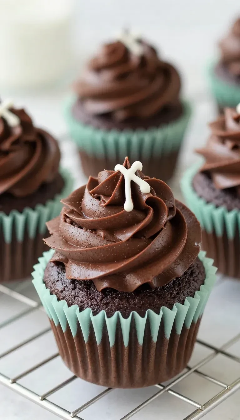 Easy football cupcakes decorated with green frosting, chocolate football toppers, and sprinkles for a game day dessert.