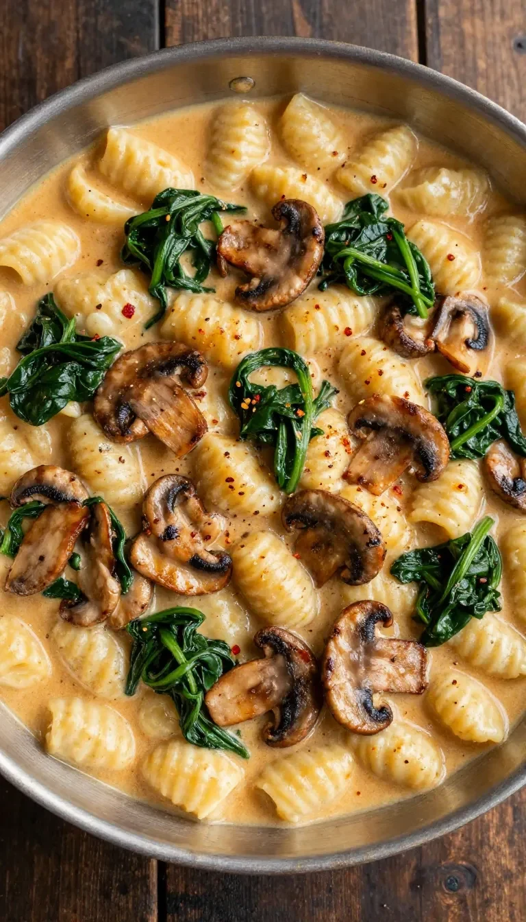 A bowl of creamy spinach and mushroom gnocchi topped with grated Parmesan and fresh herbs