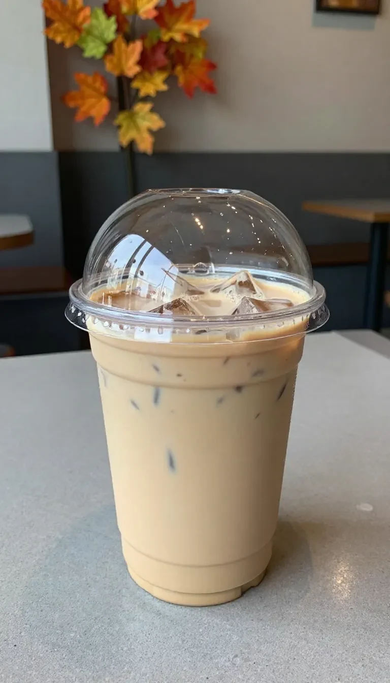 A cold glass of iced coffee with ice cubes and milk on a light wooden table.