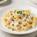 A creamy one pot garlic pasta served in a bowl with parsley and grated cheese.