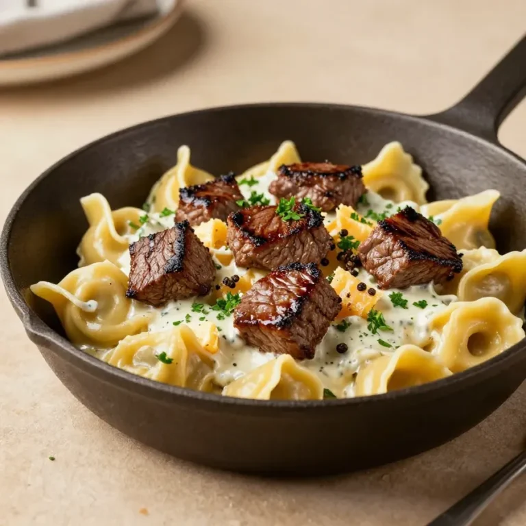 Garlic Steak Tortellini A bowl of garlic steak tortellini topped with sliced seared steak, creamy sauce, and chopped parsley.